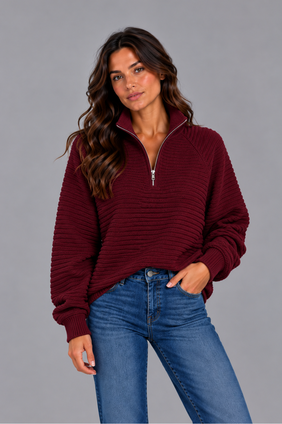 Women's Ribbed Half Zip Pullover – Casual Knit Zip Neck Jumper