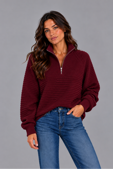 Women's Ribbed Half Zip Pullover – Casual Knit Zip Neck Jumper