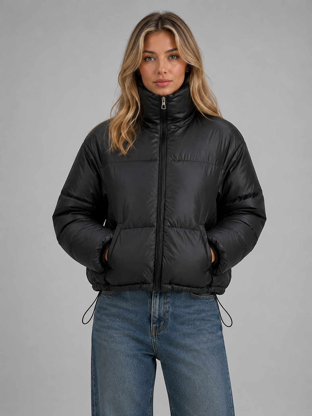 Women's Cropped Quilted Puffer Jacket in Black