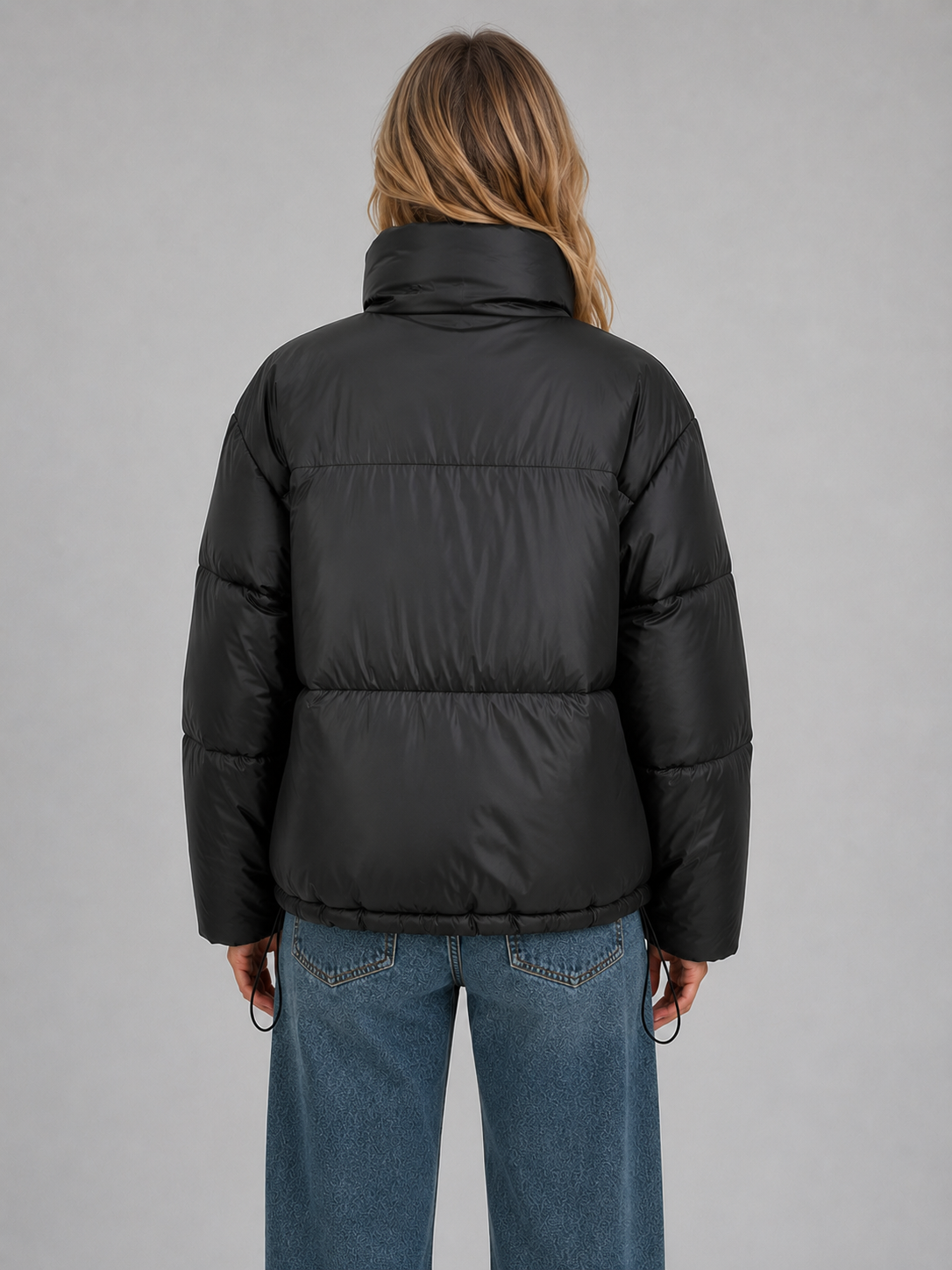 Women's Cropped Quilted Puffer Jacket in Black