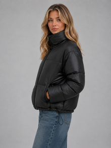 Women's Cropped Quilted Puffer Jacket in Black – image 3