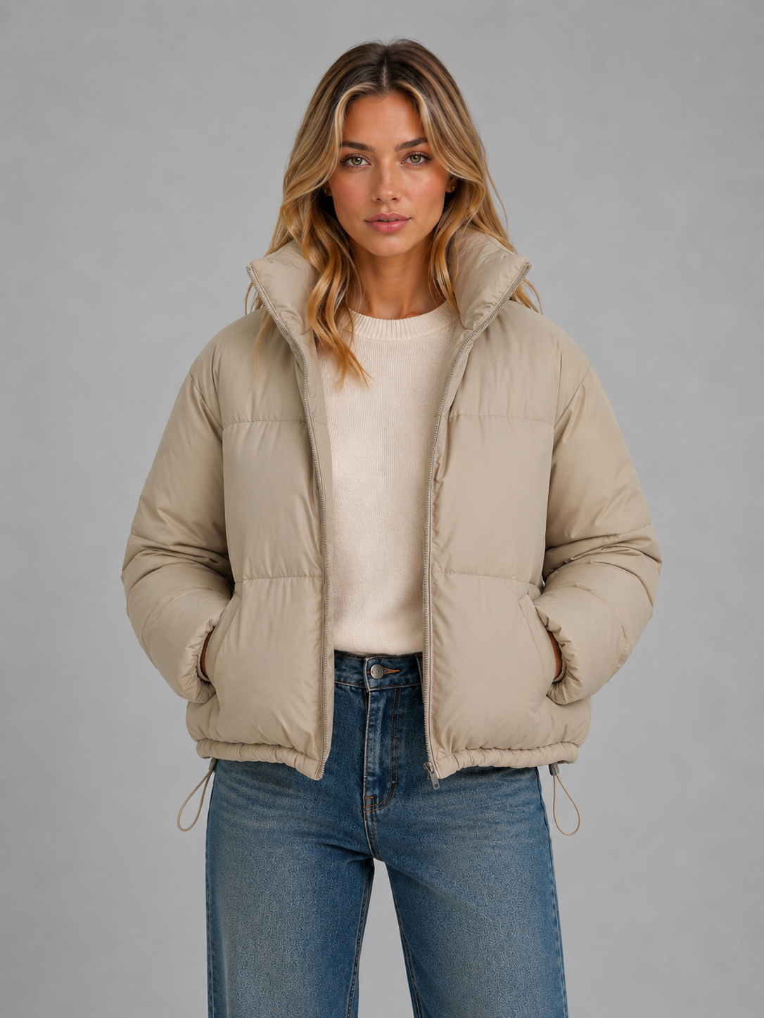 Women's Cropped Quilted Puffer Jacket in Beige