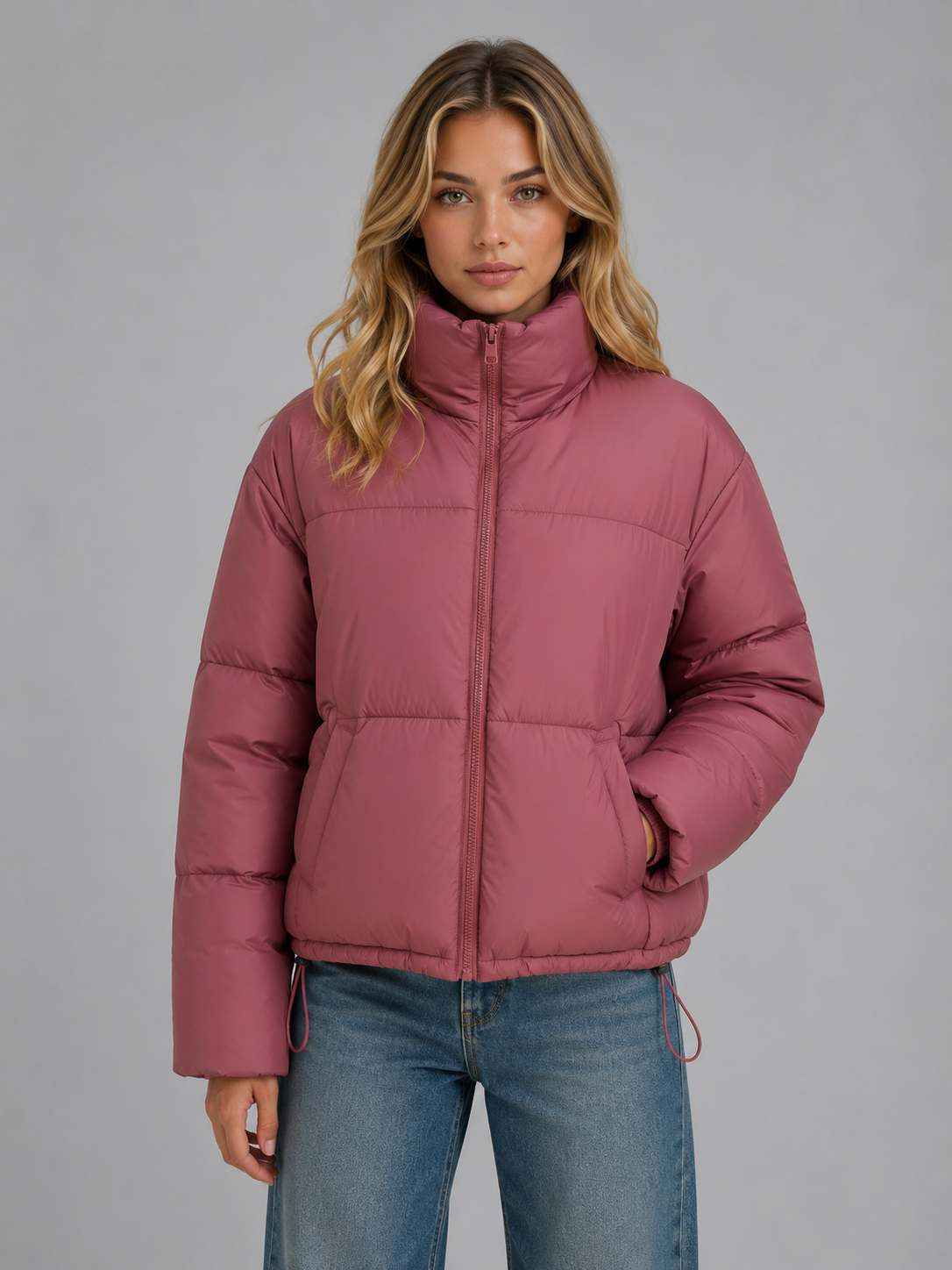 Women's Cropped Quilted Puffer Jacket in Dusty Rose