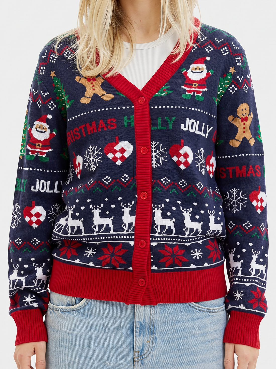 Women's Christmas Cardigan – Navy & Red Knitted Christmas Jumper – front view