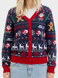 Women's Christmas Cardigan – Navy & Red Knitted Christmas Jumper – front view