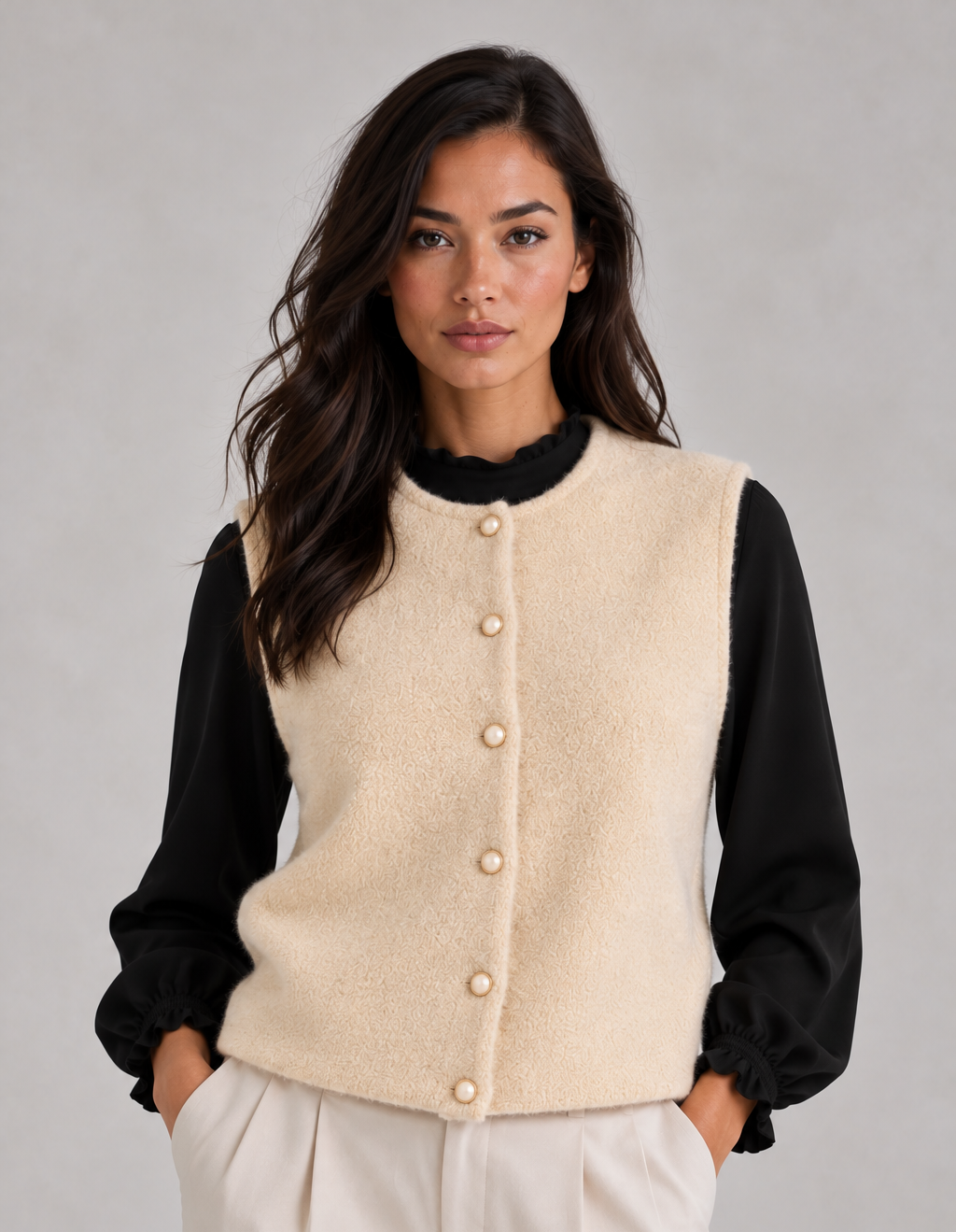 Women’s Button Up Sweater Vest – Knitted Waistcoat, Round Neck Sleeveless Knit