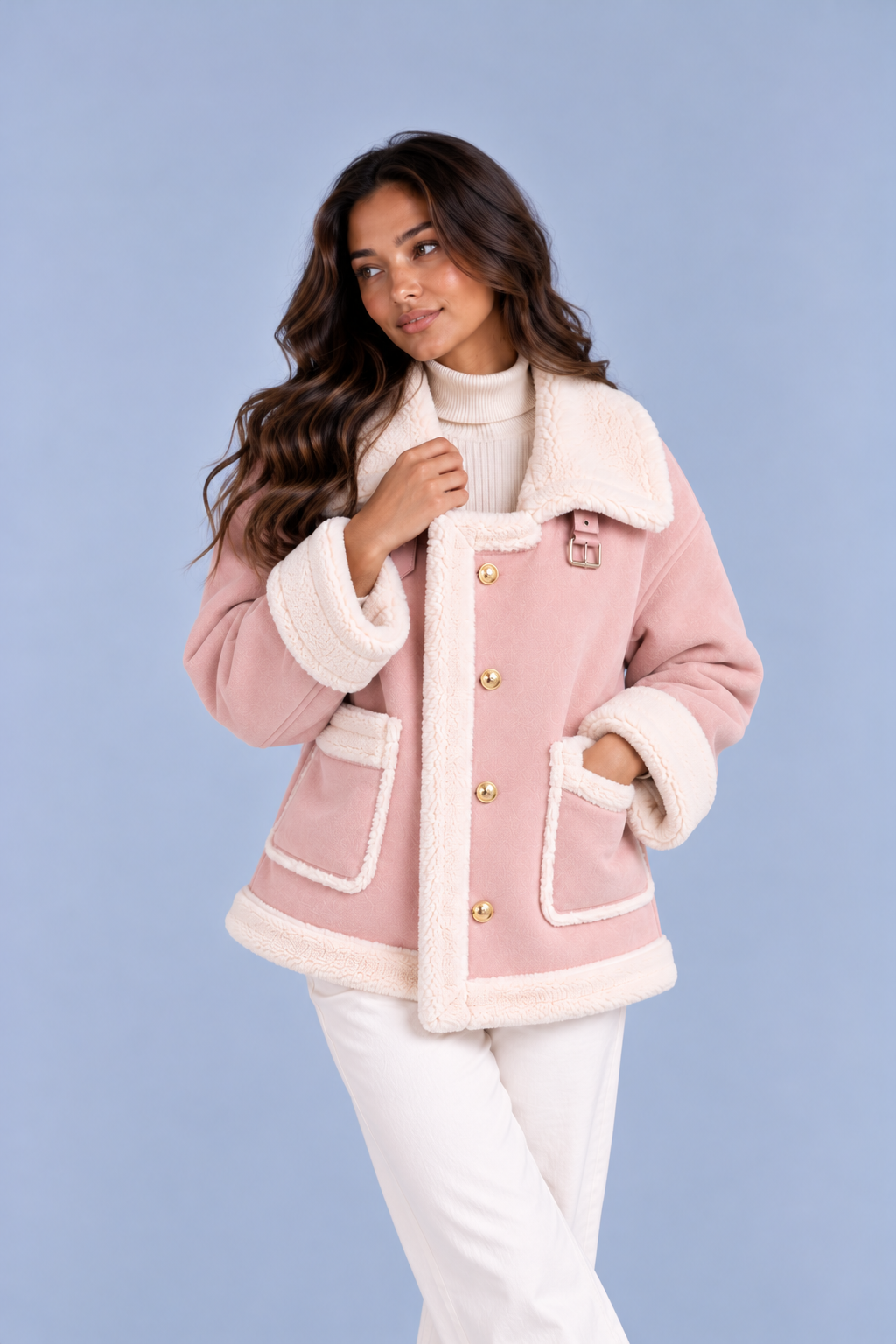 Women’s Faux Shearling Suede Look Jacket – Aviator Style Coat