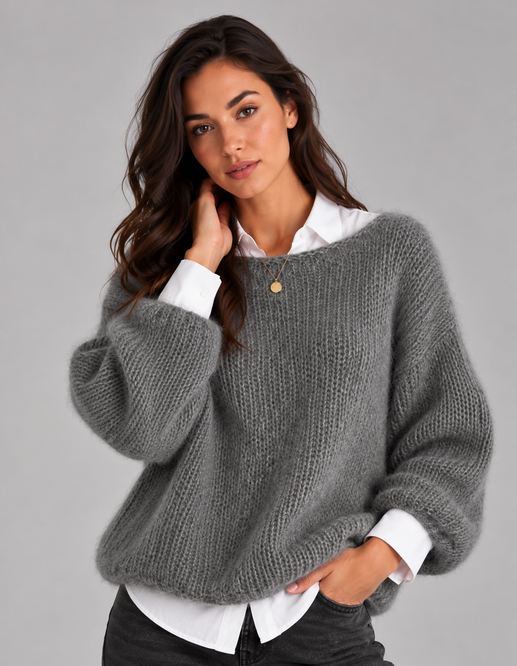 Women’s Fluffy Cropped Jumper – Brushed Knit Boat Neck Sweater