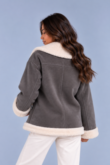 Women’s Faux Shearling Suede Look Jacket – Aviator Style Coat