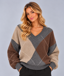 Women’s V-Neck Argyle Jumper – Loose Fit Diamond Pattern Knit Pullover