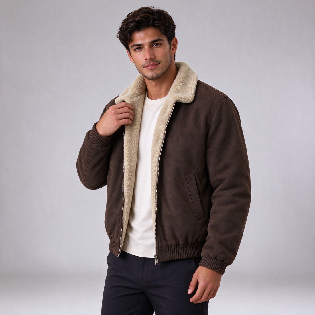 Men's fleece-lined bomber jacket in brown, front view