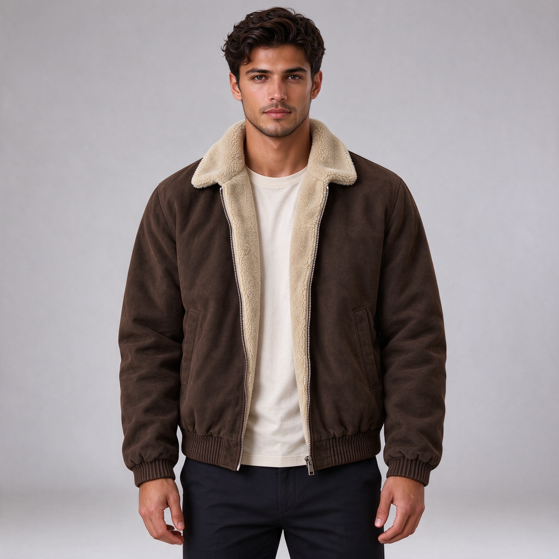 Men's fleece-lined bomber jacket in brown, front view