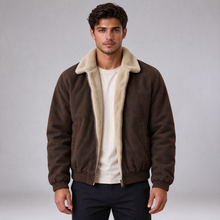 Men's fleece-lined bomber jacket in brown, front view