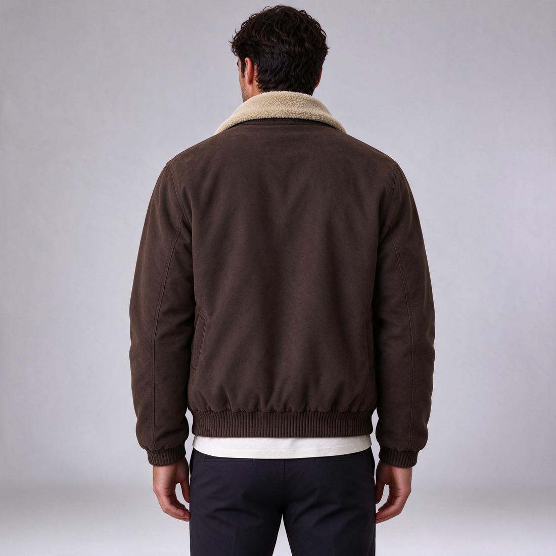 Men's fleece-lined bomber jacket in brown, rear view