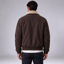 Men's fleece-lined bomber jacket in brown, rear view