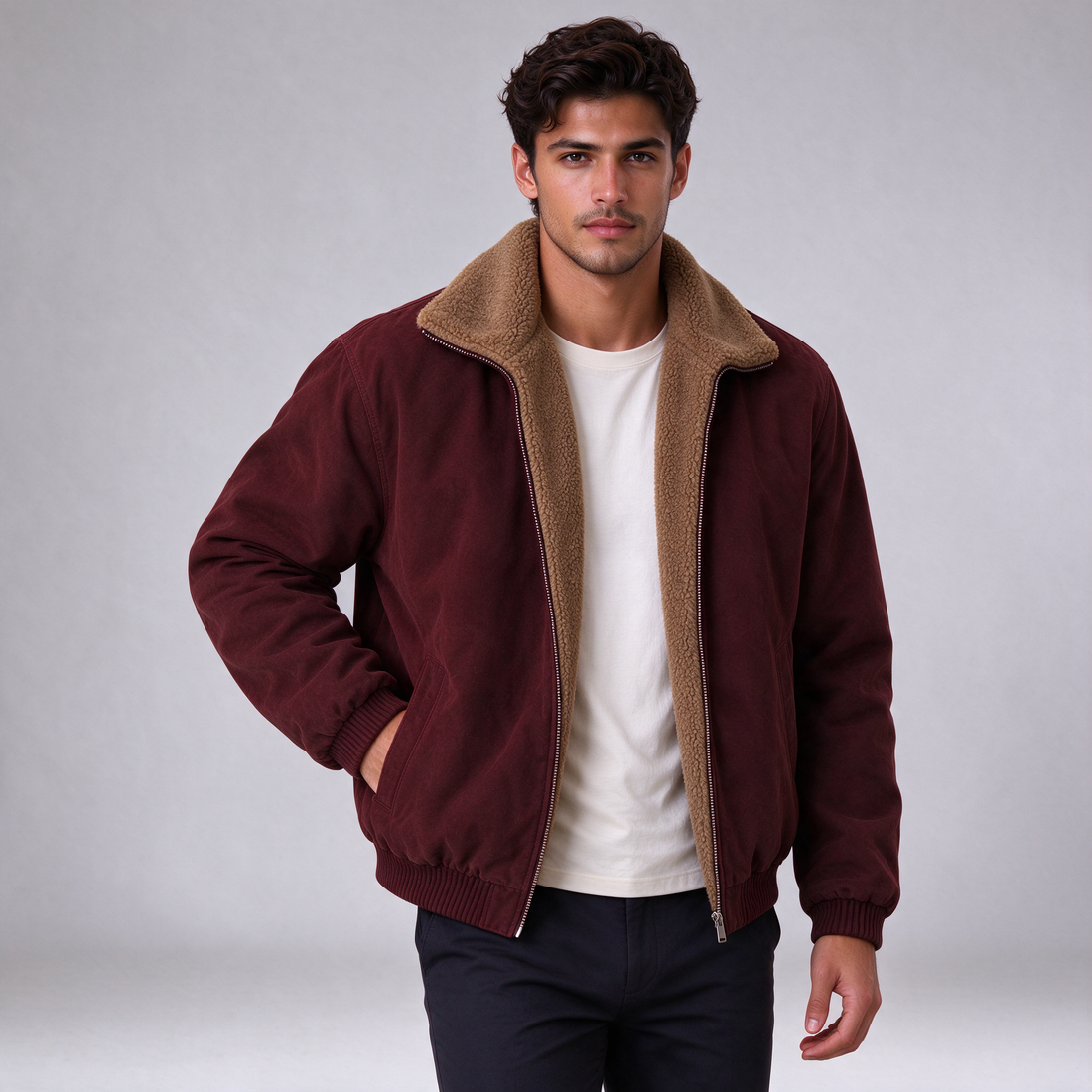 Men's fleece-lined bomber jacket in red