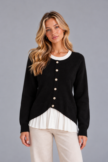 Women’s Layered Knit Cardigan – Button Front Pleated Hem Jumper