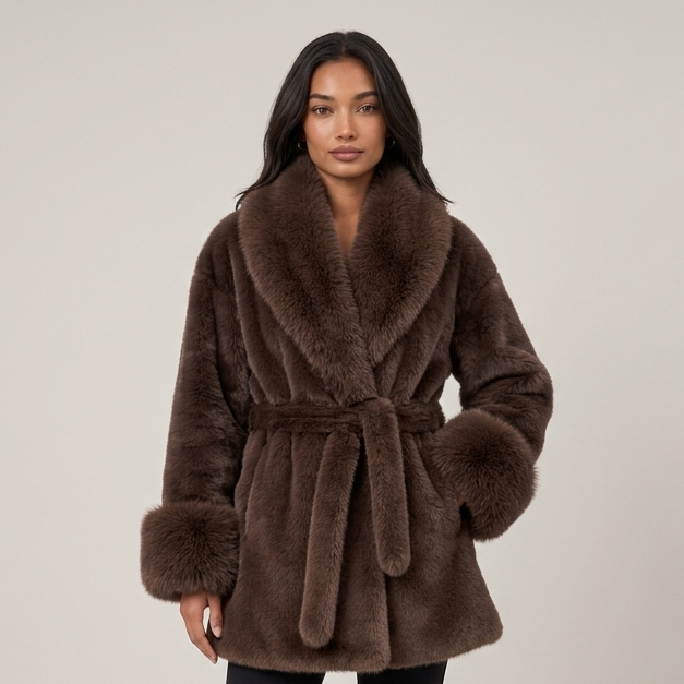 Women's brown faux fur belted collar coat front view