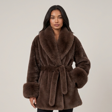 Women's brown faux fur belted collar coat front view