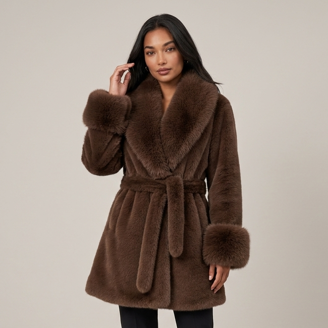 Women's brown faux fur belted collar coat front view