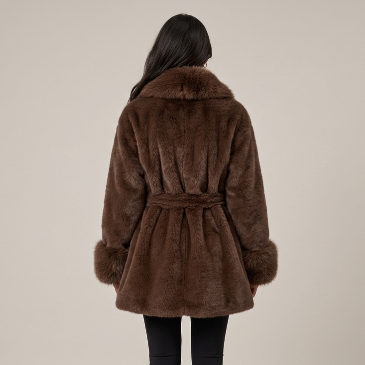 Women's brown faux fur belted coat rear view