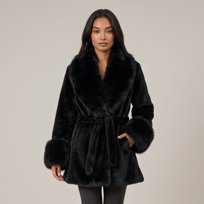 Women's black faux fur belted collar coat