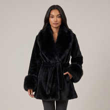 Women's black faux fur belted collar coat