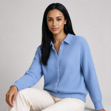 Women's cozy knit cardigan in blue, alternate pose