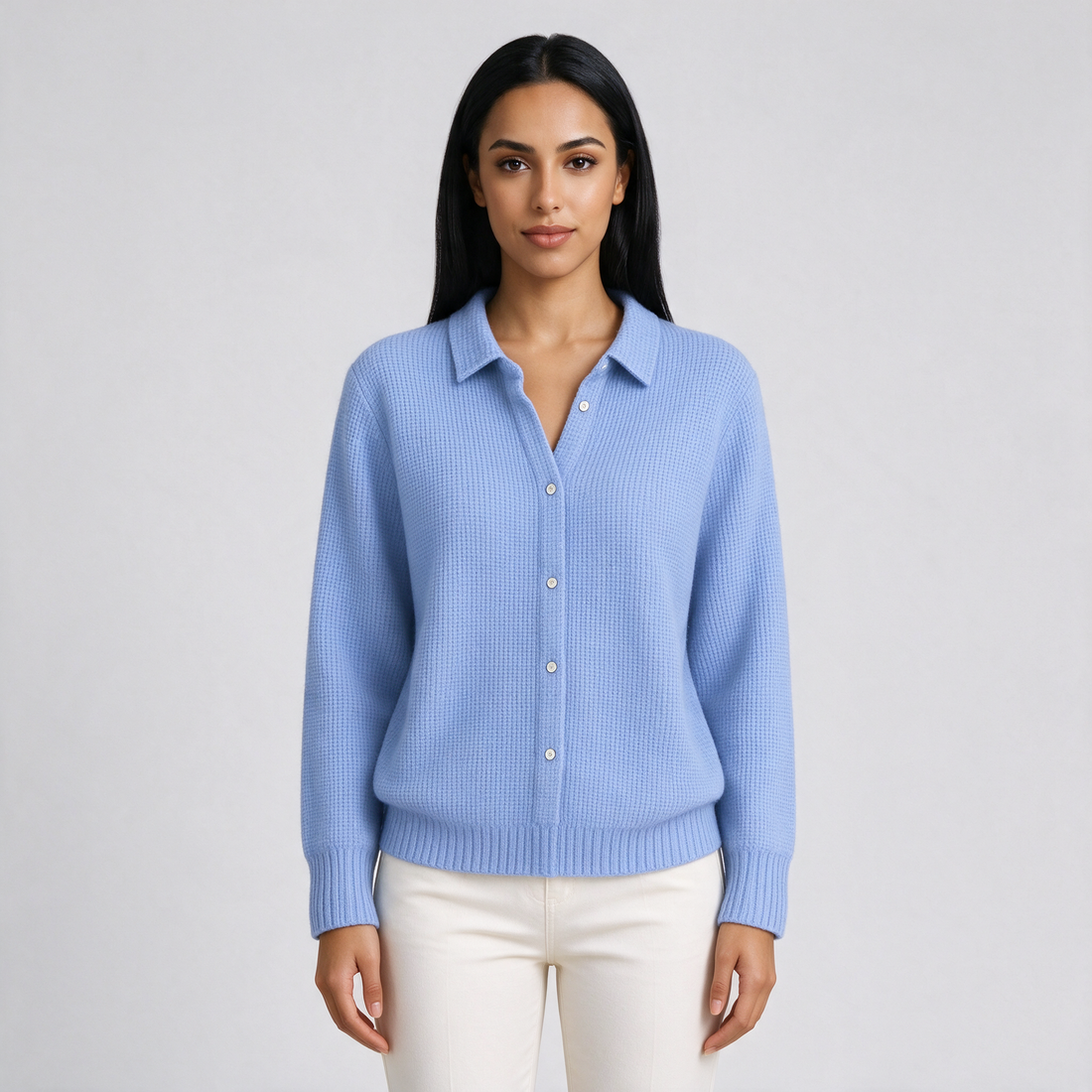 Women's cozy knit cardigan in blue, front view