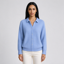 Women's cozy knit cardigan in blue, front view