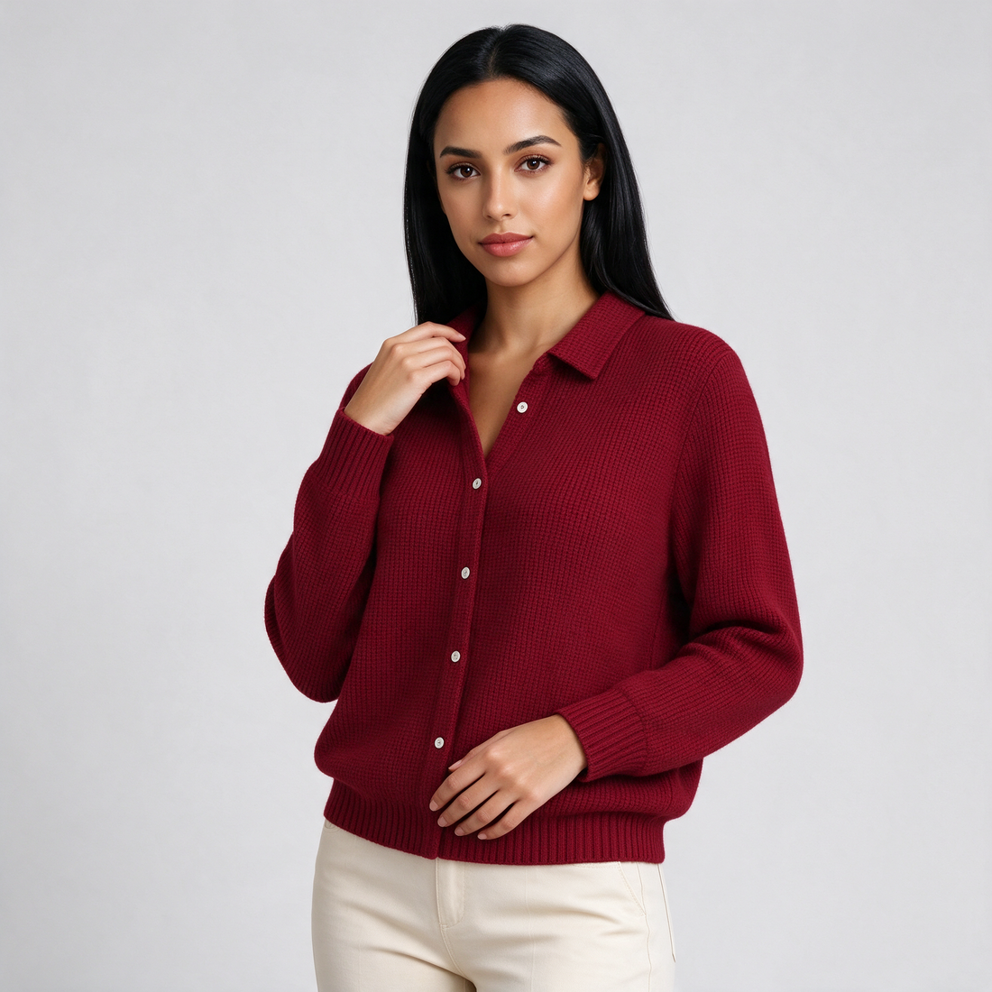 Women's cozy knit cardigan in dark red
