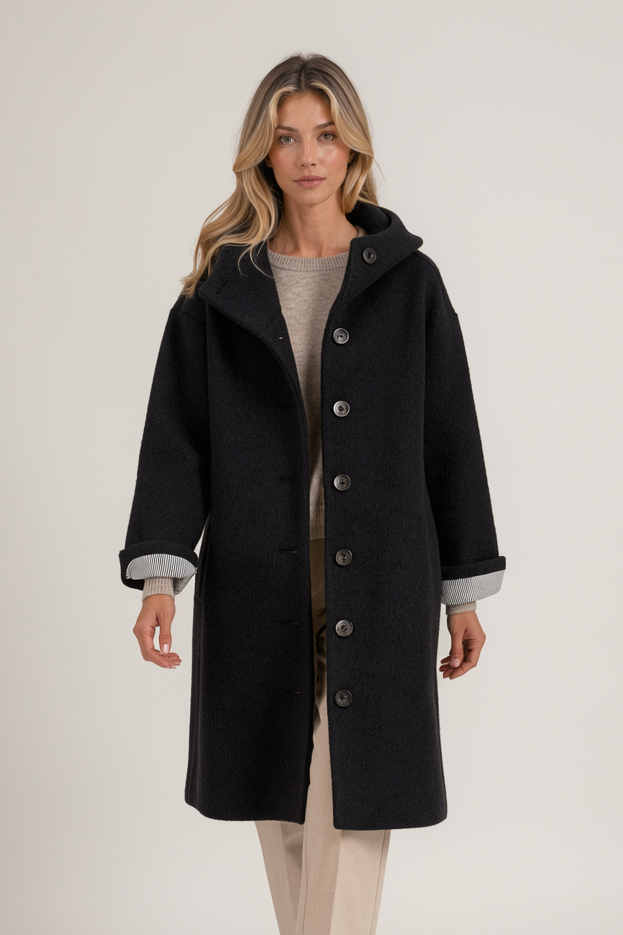 Heather women's hooded long coat in black