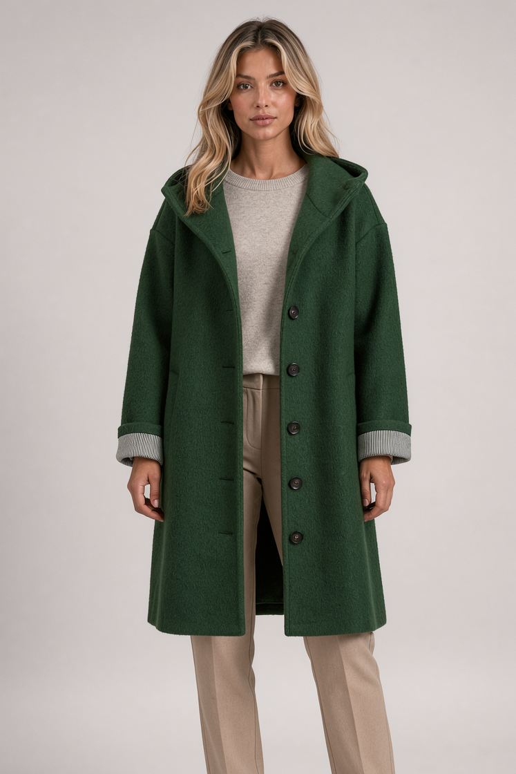Heather women's hooded long coat in green – front view