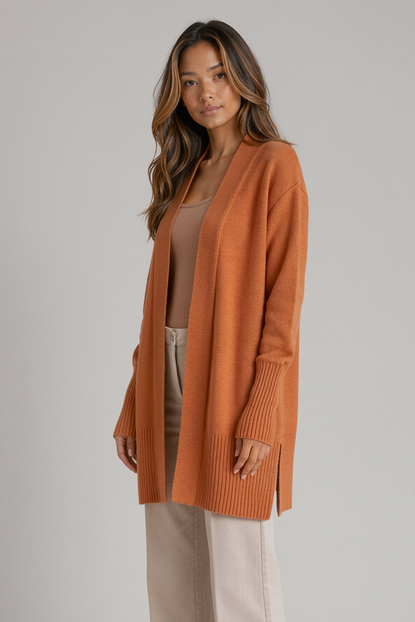 Heather women's open-front cardigan in orange – side view