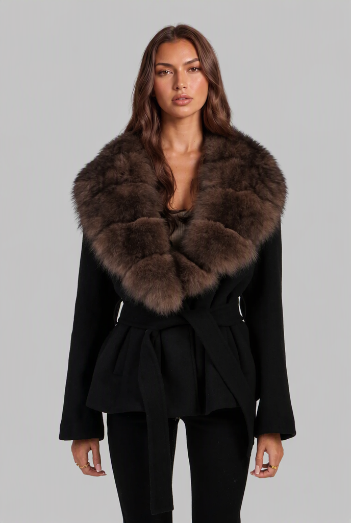 Women's belted wool coat with oversized faux fur collar in black – front