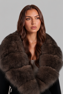 Women's belted wool coat with oversized faux fur collar in black – back