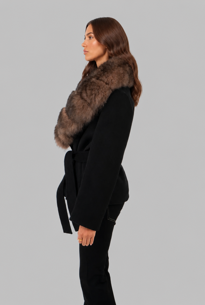 Women's belted wool coat with oversized faux fur collar in black – detail