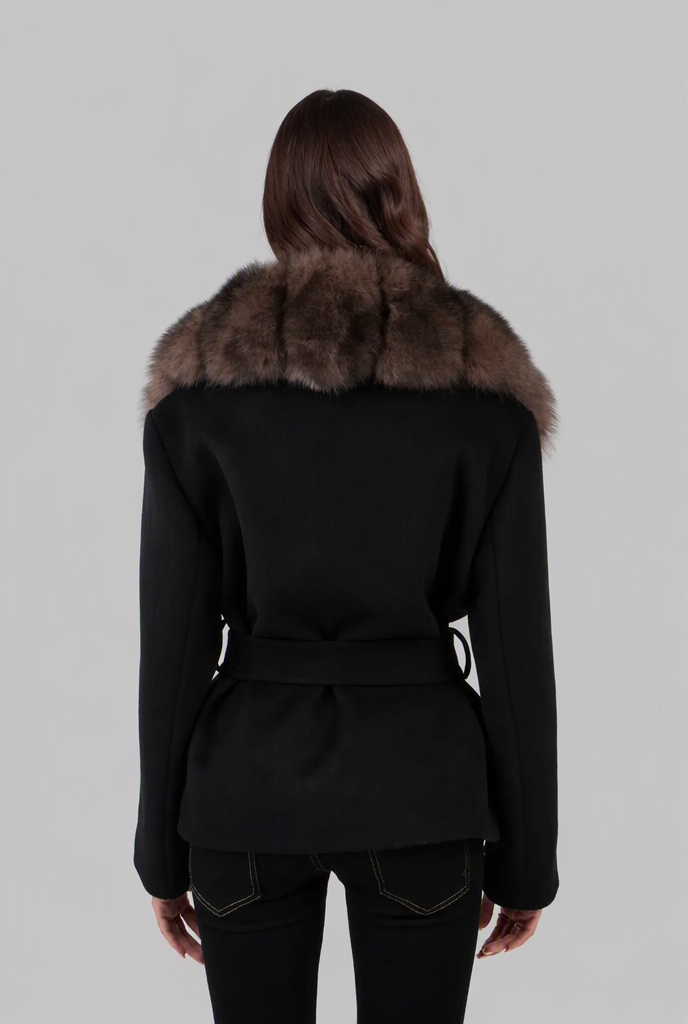 Women's belted wool coat with oversized faux fur collar in black – front