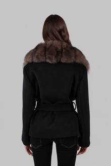 Women's belted wool coat with oversized faux fur collar in black – side