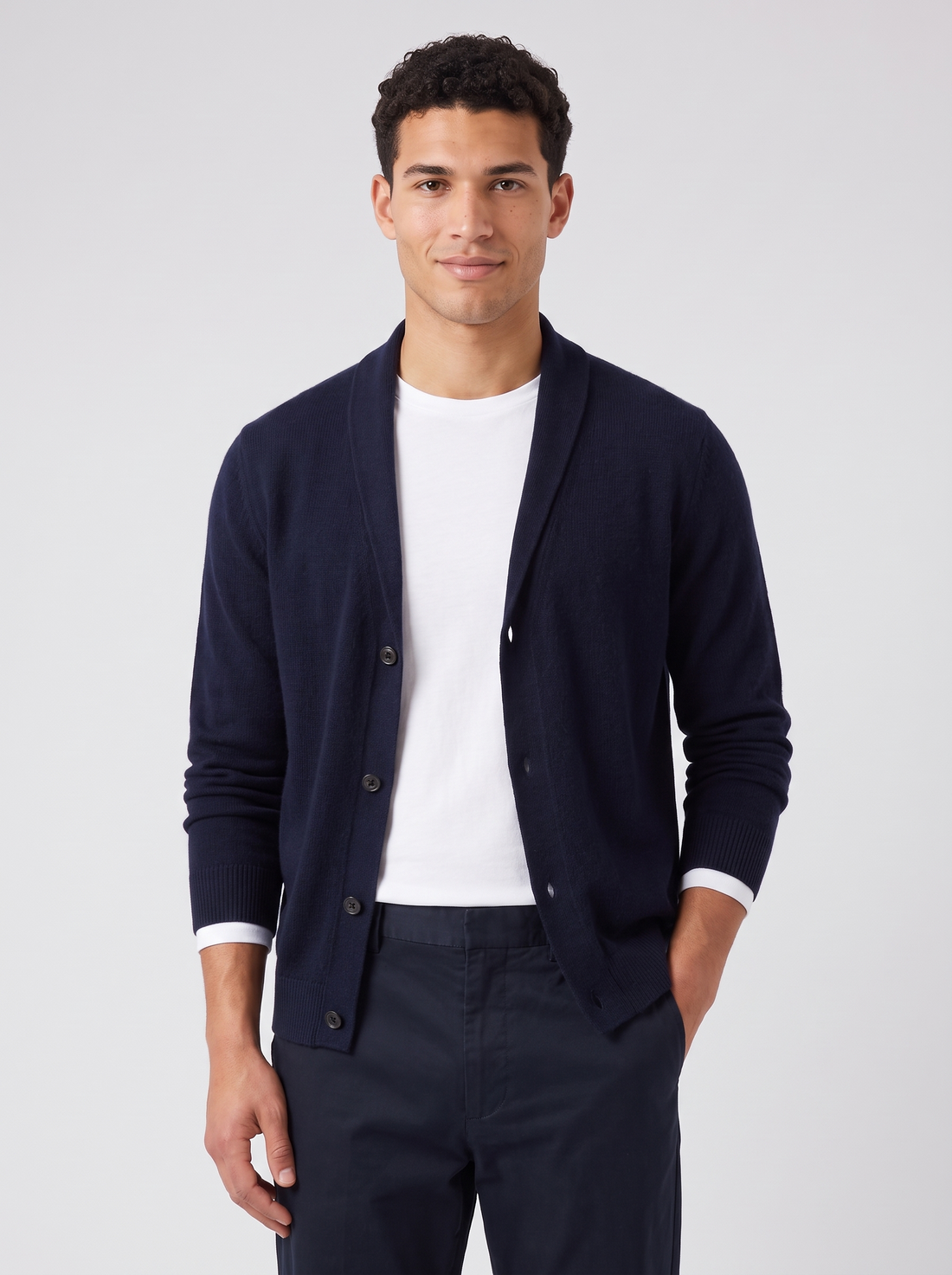 Men's Merino Wool Lapel Collar Cardigan in Navy – three-quarter view