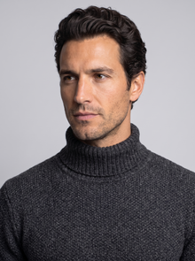 Men's Thick Knit Roll Neck Jumper in Black – close-up