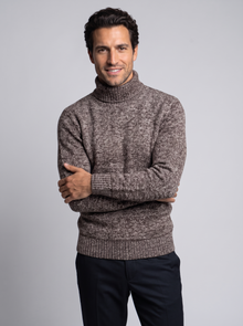 Men's Thick Knit Roll Neck Jumper in Coffee – front view