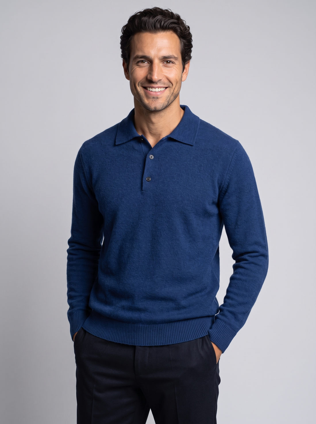 Men's Merino Wool Cashmere Knitted Polo in Navy – front view