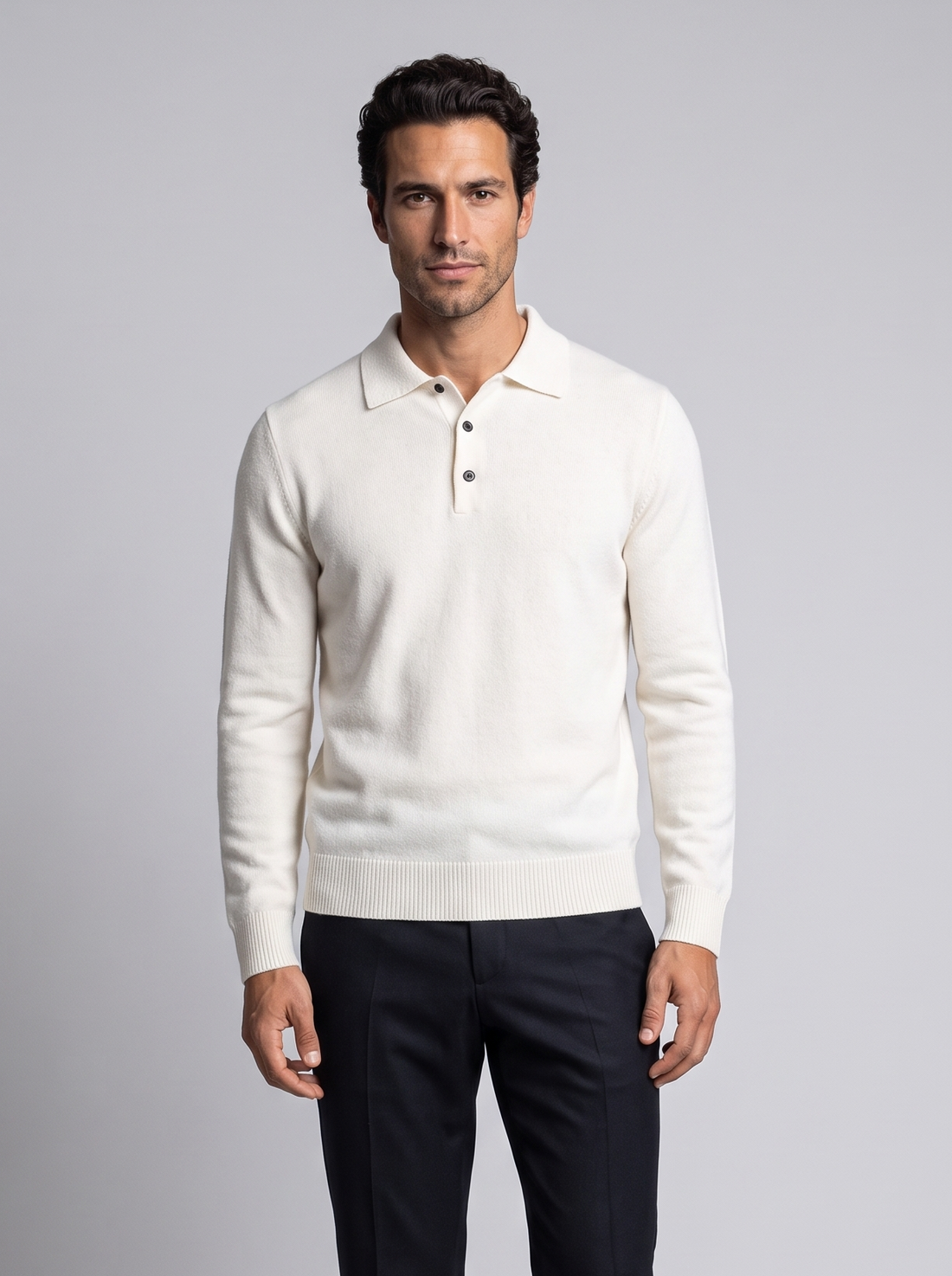 Men's Merino Wool Cashmere Knitted Polo in White – front view