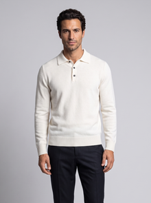 Men's Merino Wool Cashmere Knitted Polo in White – front view