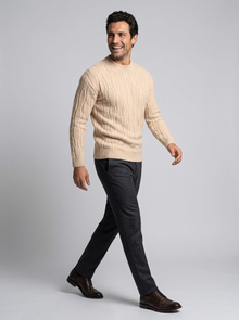 Men's Classic Crew Neck Knit Jumper in Beige – front view