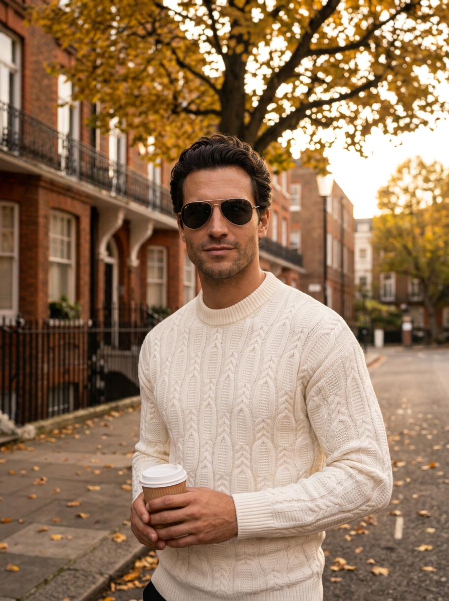 Men's Classic Crew Neck Knit Jumper in White – front view