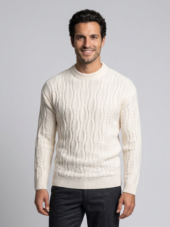 Men's Classic Crew Neck Knit Jumper in White – front view