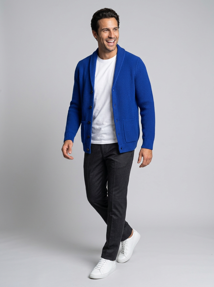 Men's Slim Fit Wool Cardigan in Blue – front view