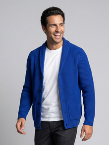 Men's Slim Fit Wool Cardigan in Blue – front view